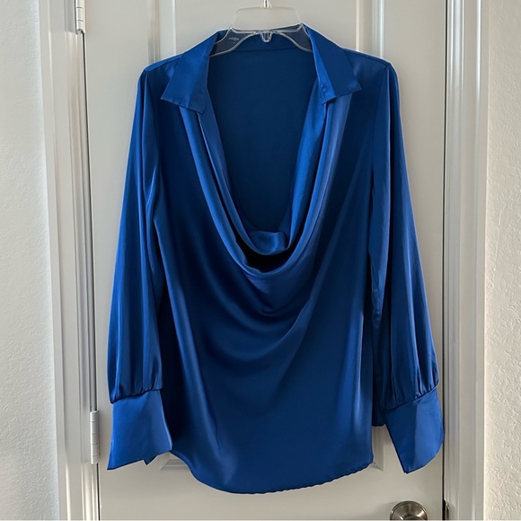 Lyaner Womens XL Royal Blue Cowl Neck Long Sleeve Blouse - Picture 3 of 8